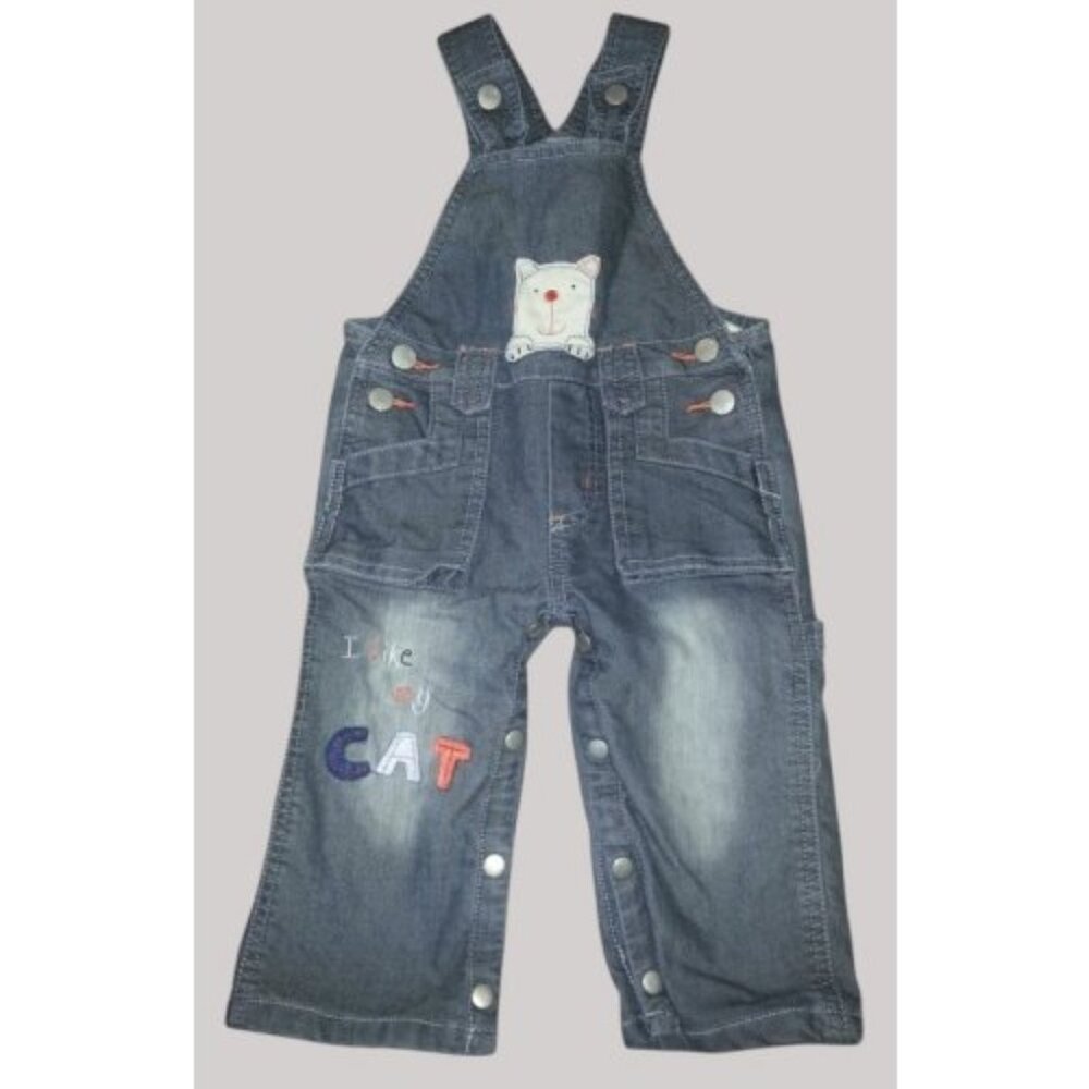 PUMPKIN PATCH I Love My Cat Denim Overalls Size 6-12 months Flannel Lined